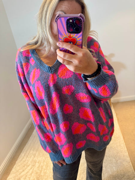 Bright Leopard Oversized V-Neck Jumper | Blue/Orange/Pink