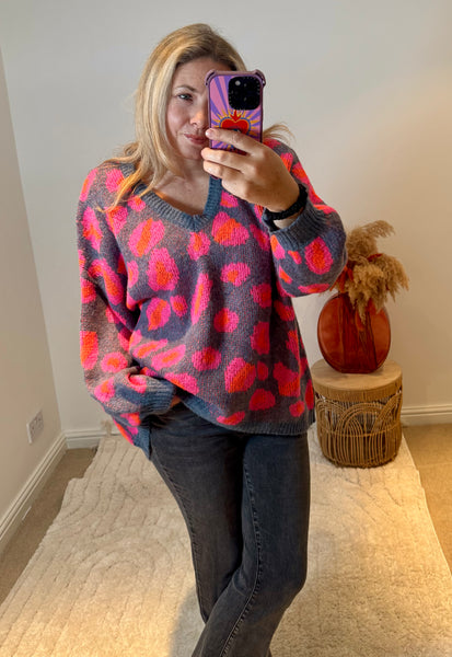 Bright Leopard Oversized V-Neck Jumper | Blue/Orange/Pink