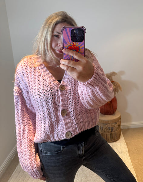 Cropped Chunky Knit Cardigan | Soft Pink