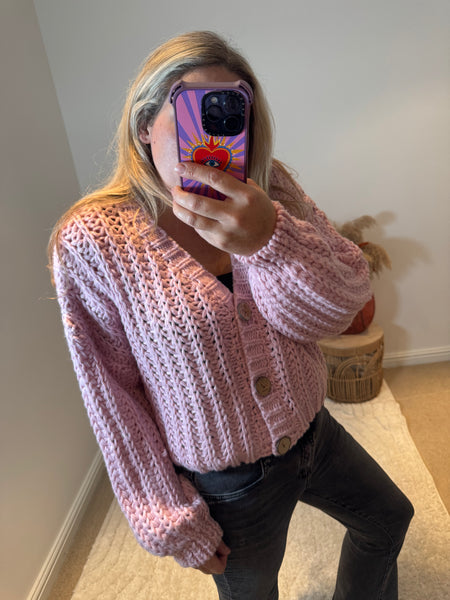 Cropped Chunky Knit Cardigan | Soft Pink