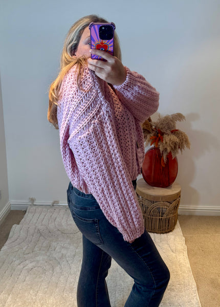Cropped Chunky Knit Cardigan | Soft Pink