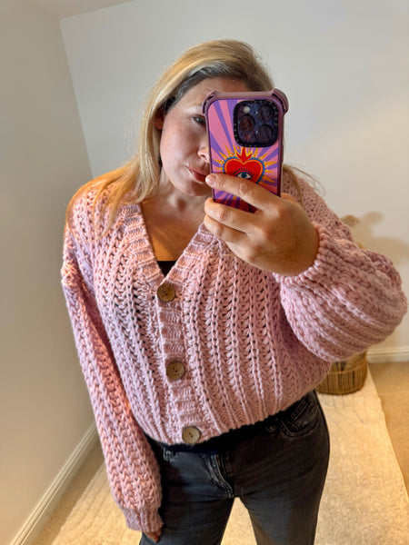 Cropped Chunky Knit Cardigan | Soft Pink