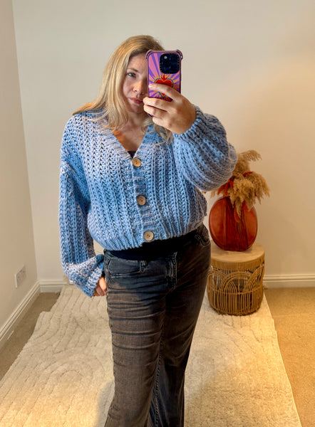 Cropped Chunky Knit Cardigan | Soft Blue