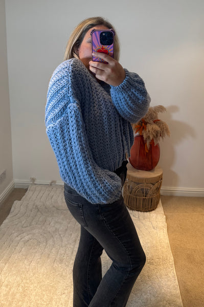Cropped Chunky Knit Cardigan | Soft Blue