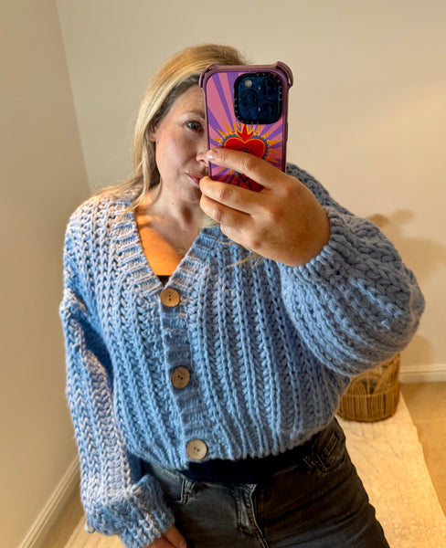 Cropped Chunky Knit Cardigan | Soft Blue