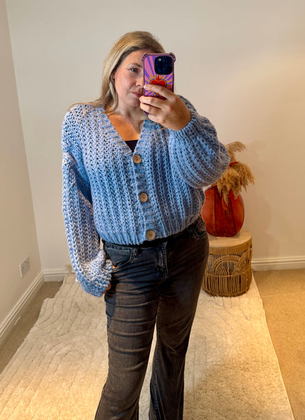 Cropped Chunky Knit Cardigan | Soft Blue