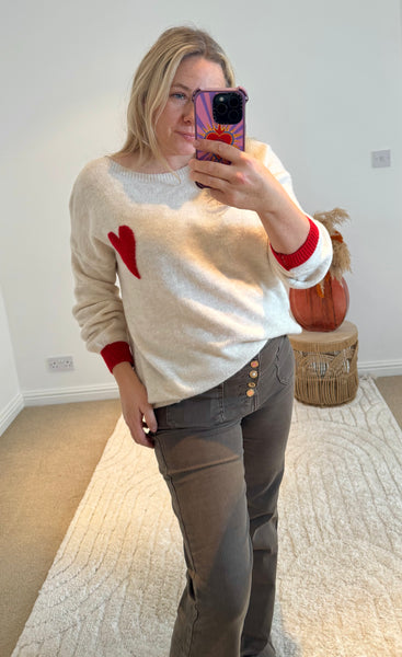 Soft Heart Detail Jumper | Oatmeal/Red