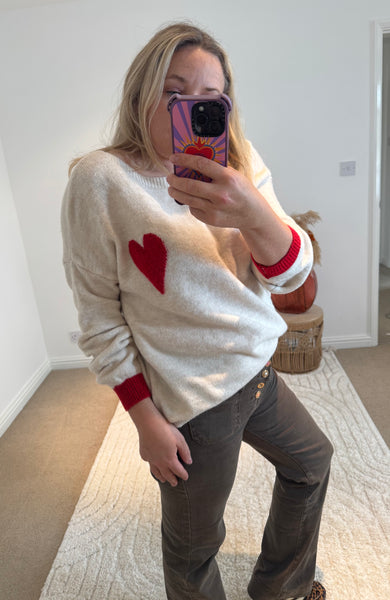 Soft Heart Detail Jumper | Oatmeal/Red