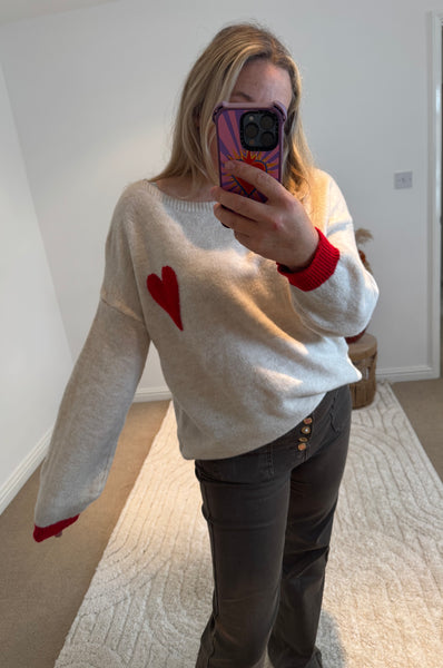 Soft Heart Detail Jumper | Oatmeal/Red