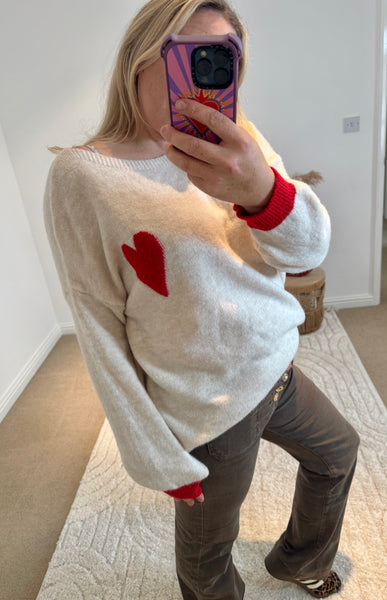 Soft Heart Detail Jumper | Oatmeal/Red