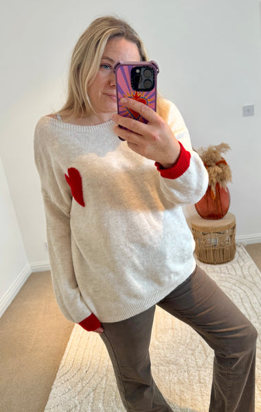 Soft Heart Detail Jumper | Oatmeal/Red