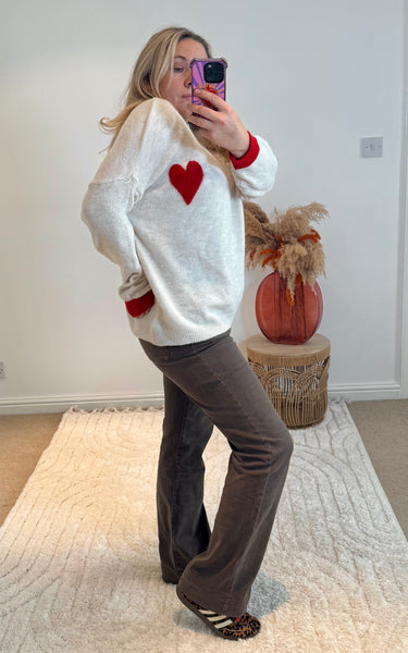 Soft Heart Detail Jumper | Oatmeal/Red