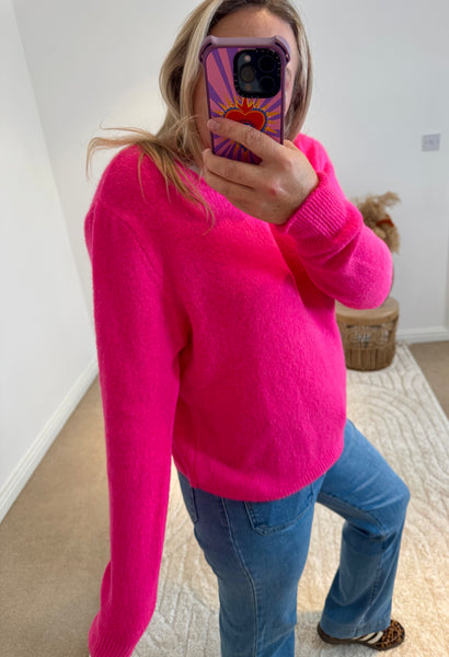 Soft Alpaca Wool Mix Button Back Jumper | Bright Pink