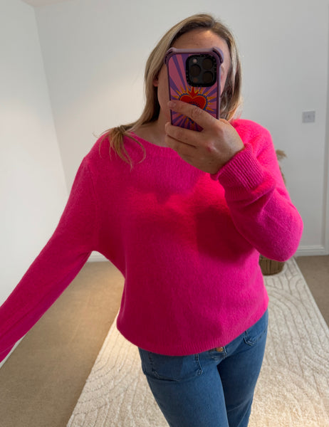 Soft Alpaca Wool Mix Button Back Jumper | Bright Pink