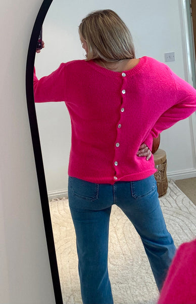 Soft Alpaca Wool Mix Button Back Jumper | Bright Pink