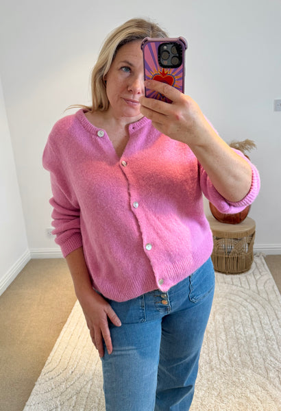Soft Alpaca Wool Mix Round Neck Cardigan | Pink