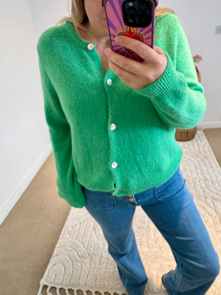 Soft Alpaca Wool Mix Round Neck Cardigan | Soft Green