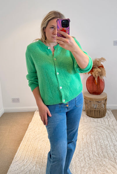 Soft Alpaca Wool Mix Round Neck Cardigan | Soft Green