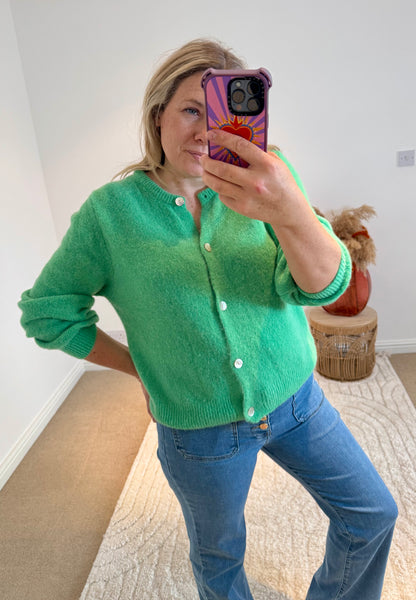 Soft Alpaca Wool Mix Round Neck Cardigan | Soft Green