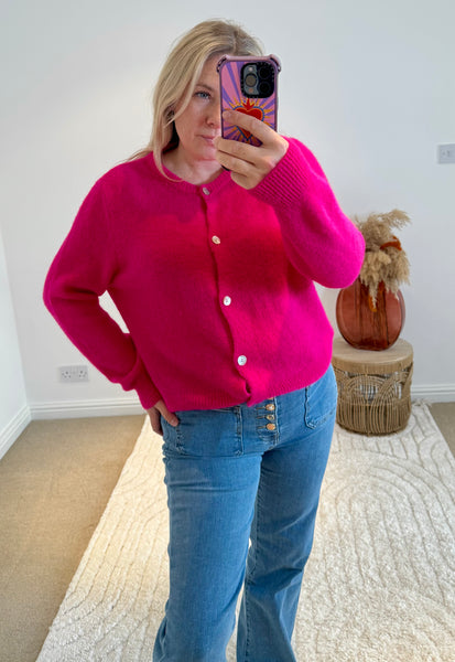 Soft Alpaca Wool Mix Round Neck Cardigan | Bright Pink