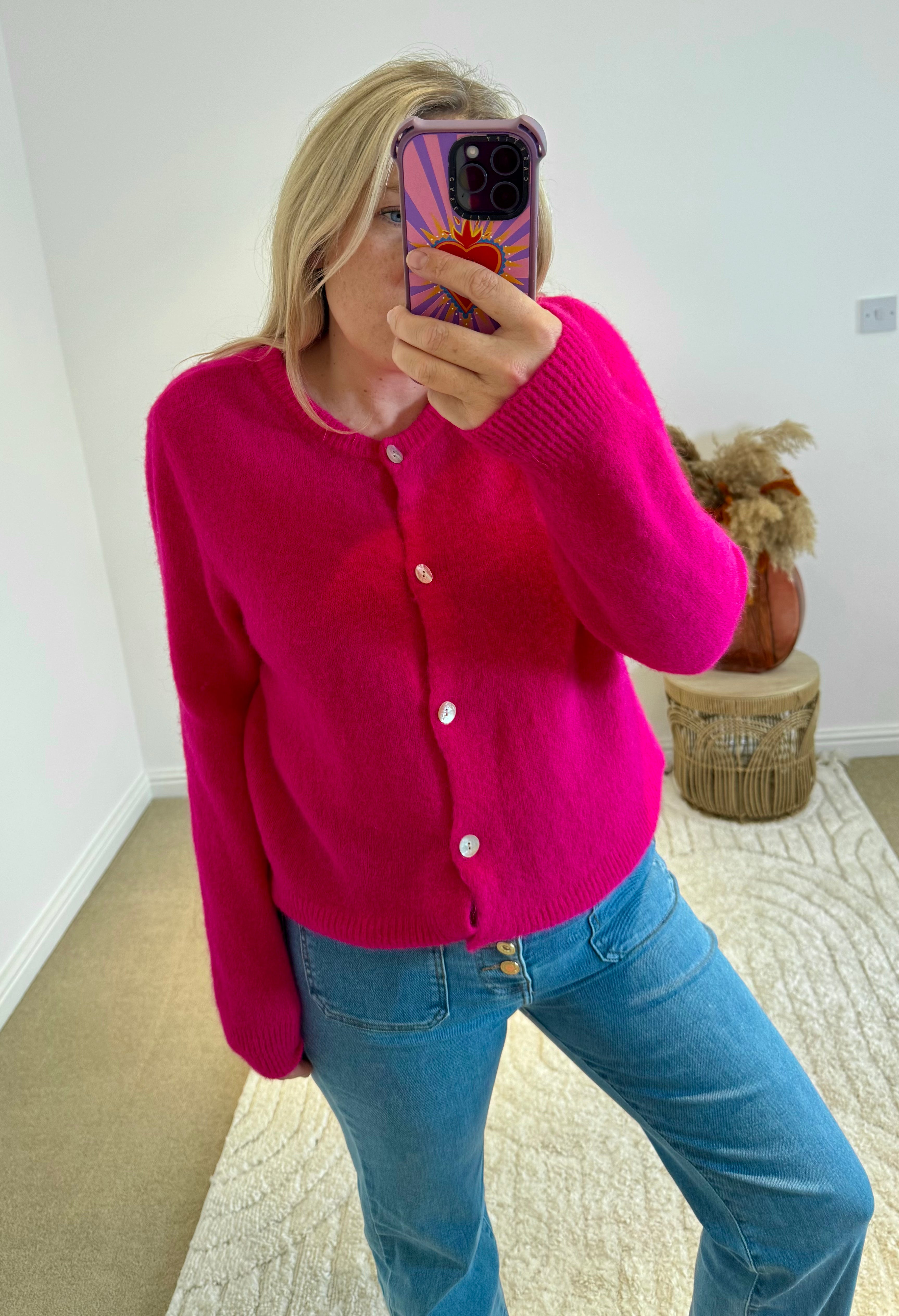 Soft Alpaca Wool Mix Round Neck Cardigan | Bright Pink