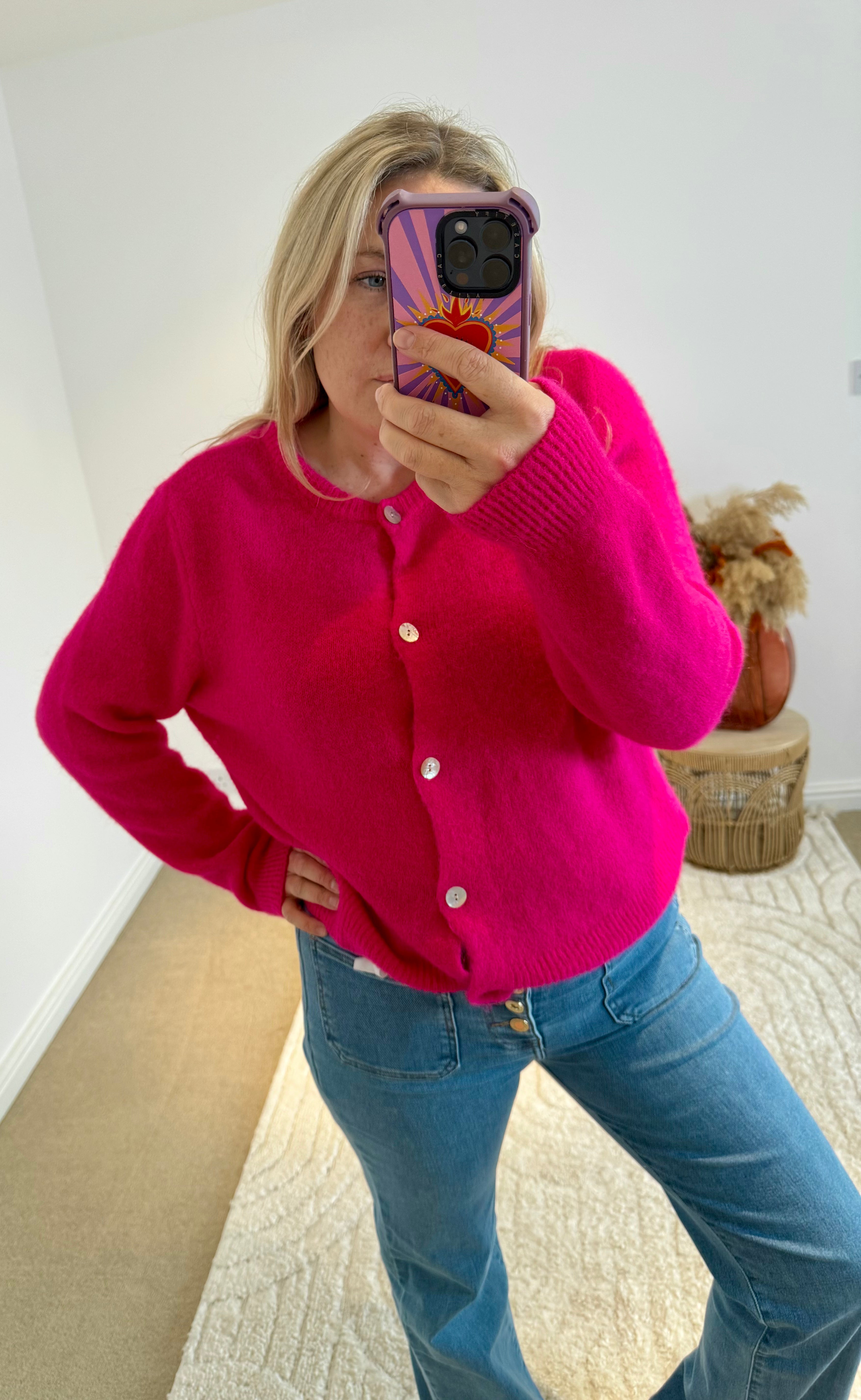 Soft Alpaca Wool Mix Round Neck Cardigan | Bright Pink