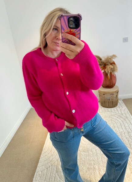 Soft Alpaca Wool Mix Round Neck Cardigan | Bright Pink