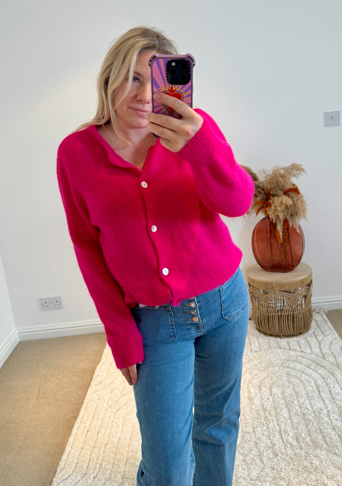 Soft Alpaca Wool Mix Round Neck Cardigan | Bright Pink