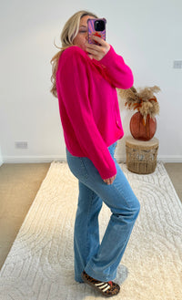 Soft Alpaca Wool Mix Round Neck Cardigan | Bright Pink