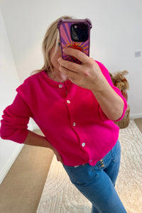 Soft Alpaca Wool Mix Round Neck Cardigan | Bright Pink