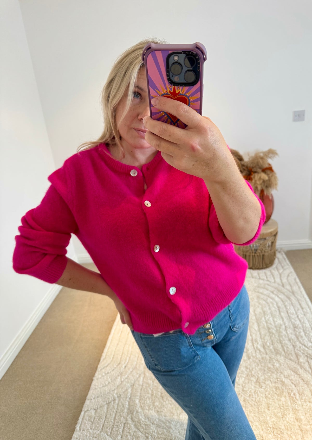 Soft Alpaca Wool Mix Round Neck Cardigan | Bright Pink