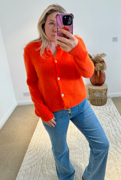 Soft Alpaca Wool Mix Round Neck Cardigan | Bright Orange