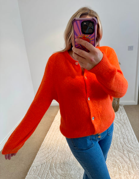 Soft Alpaca Wool Mix Round Neck Cardigan | Bright Orange