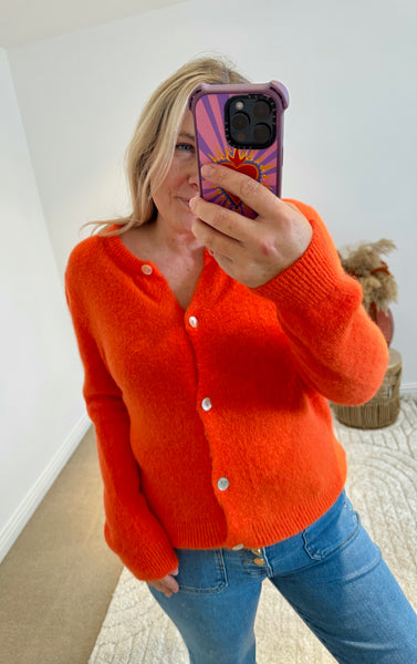 Soft Alpaca Wool Mix Round Neck Cardigan | Bright Orange