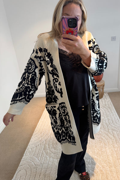 Beautiful Heavyweight Knit Brocade Detail Cardigan | Ivory/Black