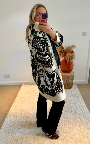 Beautiful Heavyweight Knit Brocade Detail Cardigan | Ivory/Black