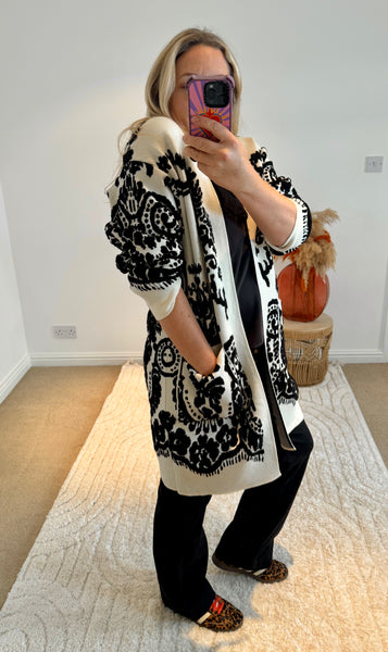 Beautiful Heavyweight Knit Brocade Detail Cardigan | Ivory/Black