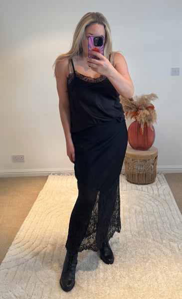 Lace Detail Satin Maxi Skirt | Black