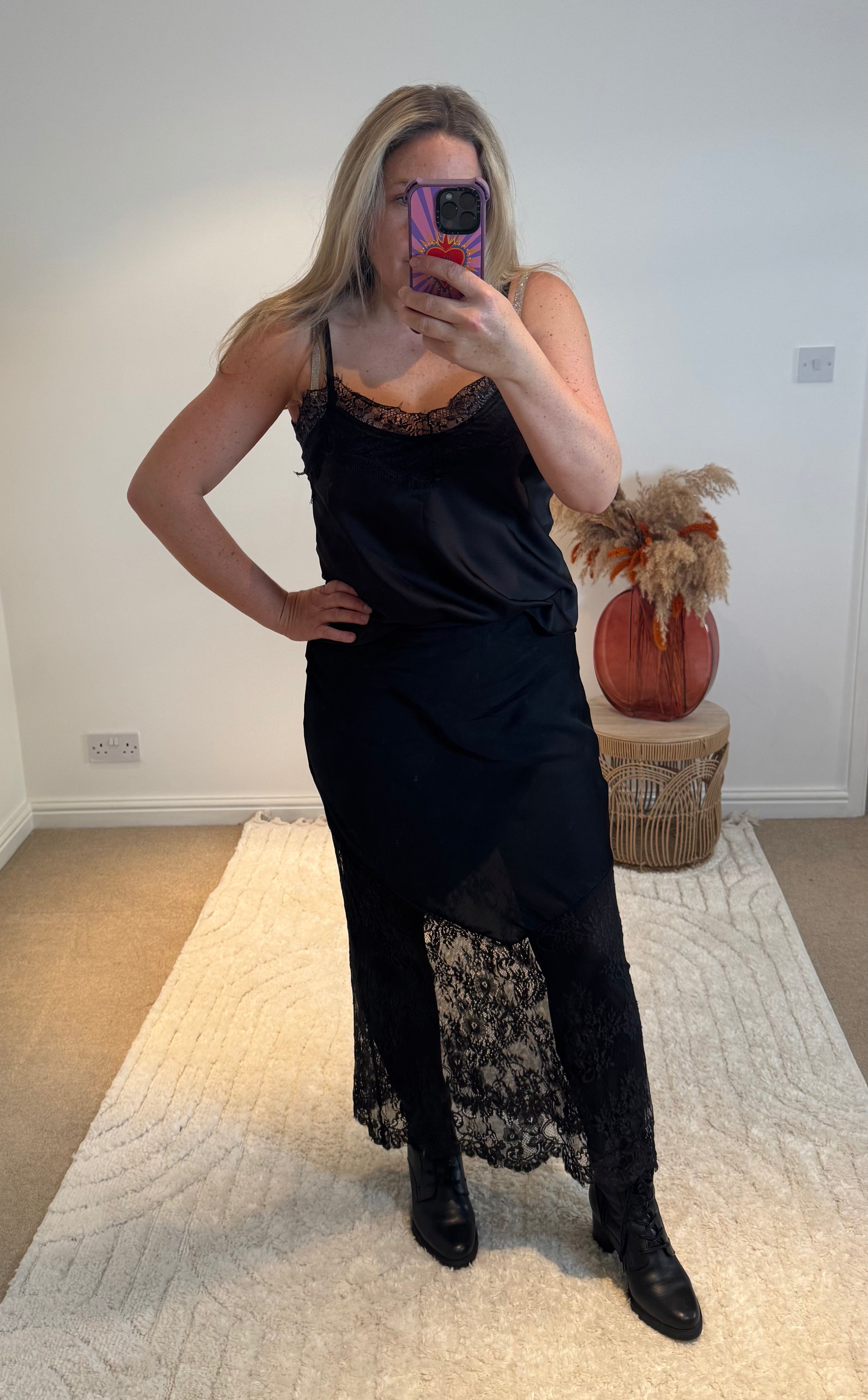 Lace Detail Satin Maxi Skirt | Black