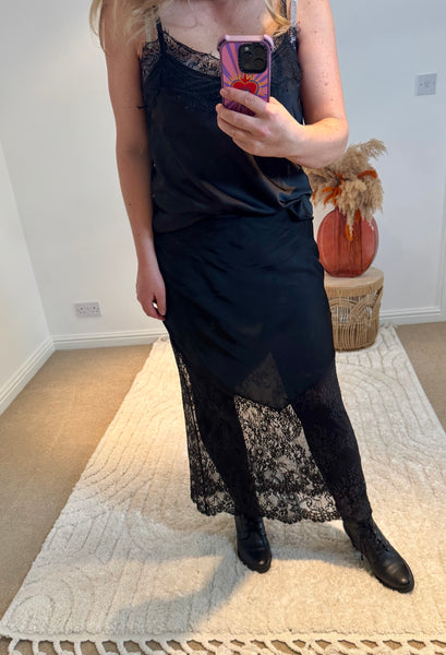 Lace Detail Satin Maxi Skirt | Black