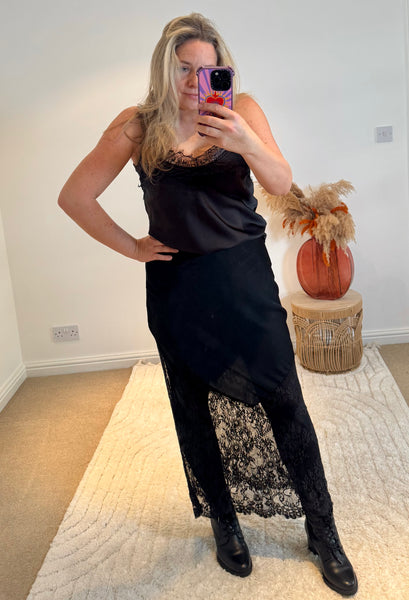 Lace Detail Satin Maxi Skirt | Black