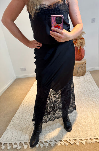Lace Detail Satin Maxi Skirt | Black