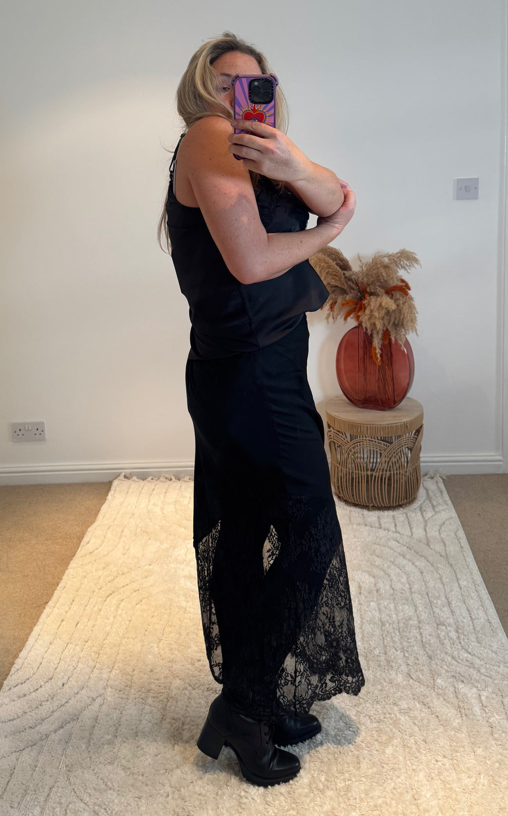 Lace Detail Satin Maxi Skirt | Black