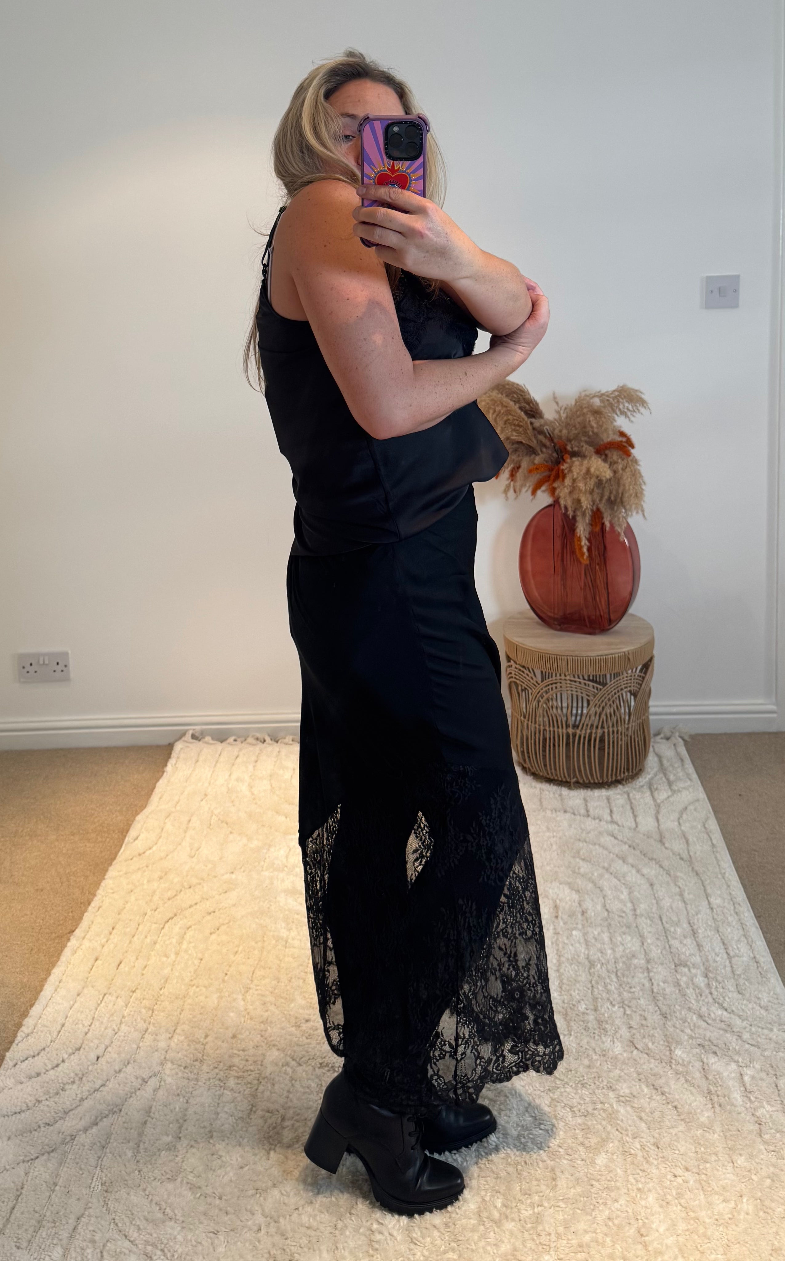 Lace Detail Satin Maxi Skirt | Black