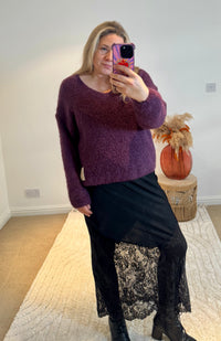 Lace Detail Satin Maxi Skirt | Black