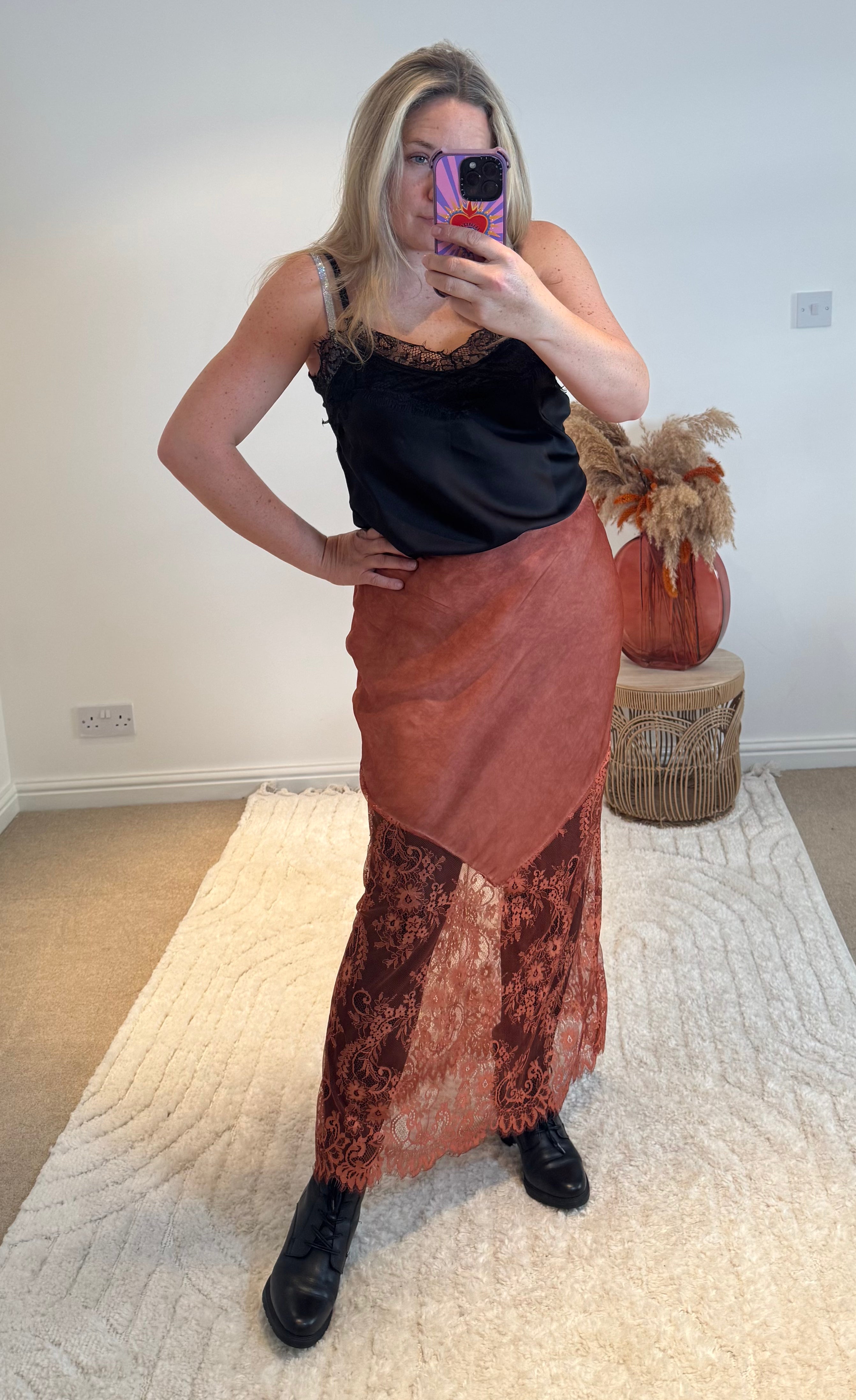 Lace Detail Satin Maxi Skirt | Burnt Orange