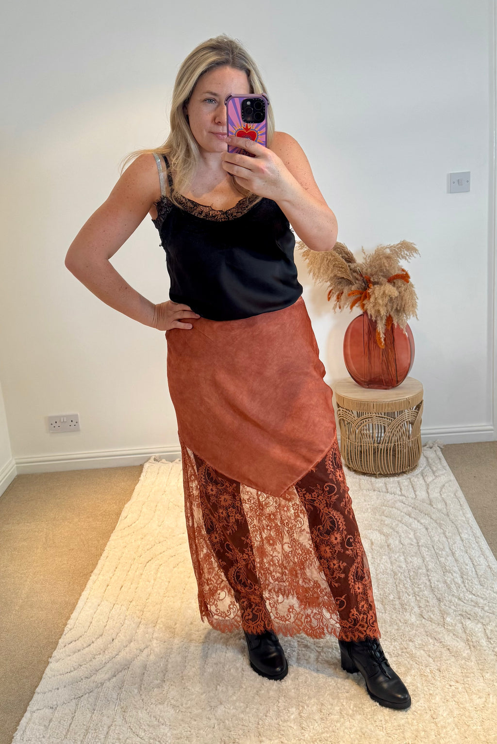 Lace Detail Satin Maxi Skirt | Burnt Orange