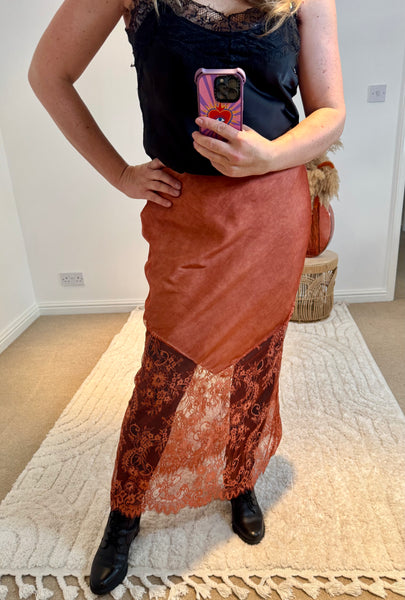 Lace Detail Satin Maxi Skirt | Burnt Orange