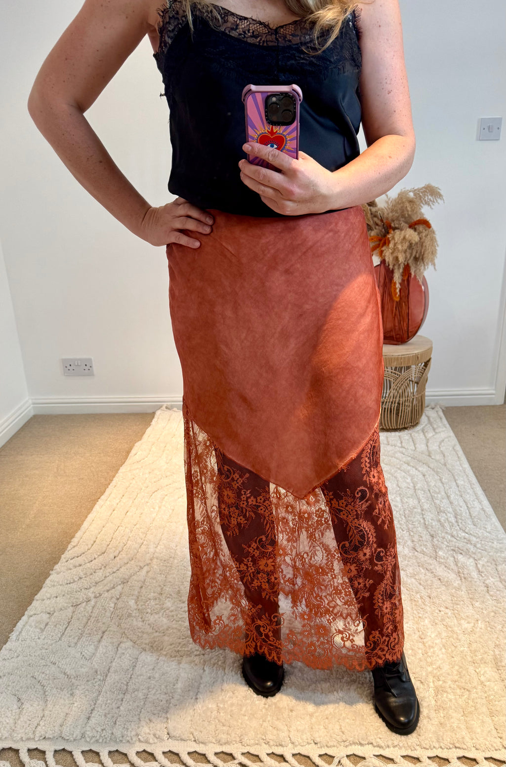 Lace Detail Satin Maxi Skirt | Burnt Orange