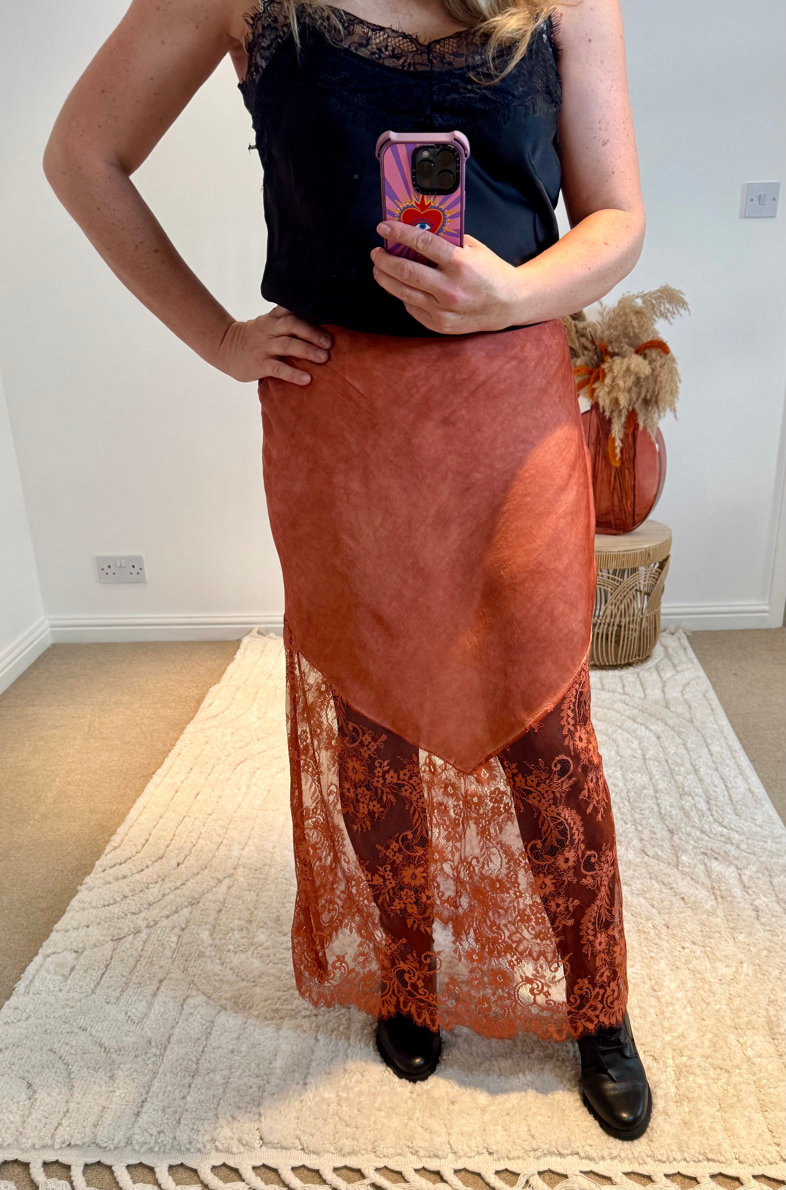 Lace Detail Satin Maxi Skirt | Burnt Orange